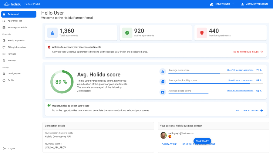 Holidu partner portal dashboard